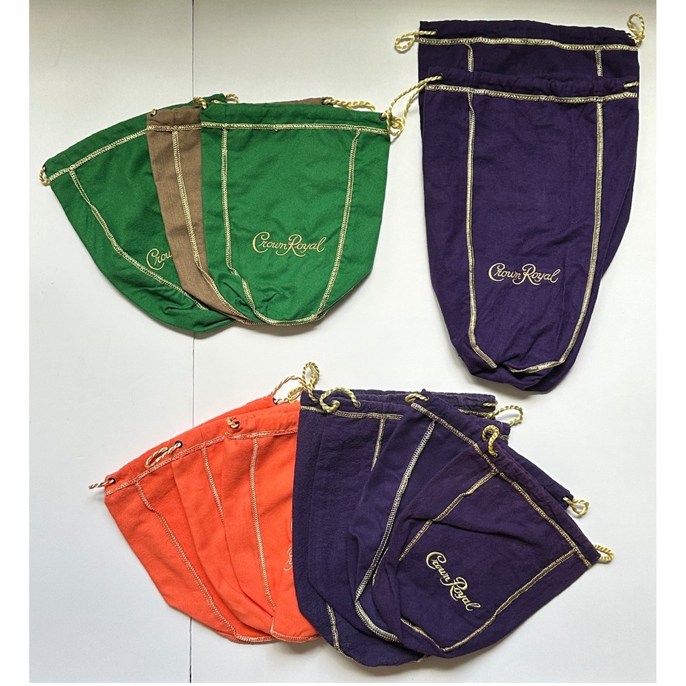 Crown Royal Drawstring Bags Lot of 12 Purple Green Orange Brown Mixed Sizes
